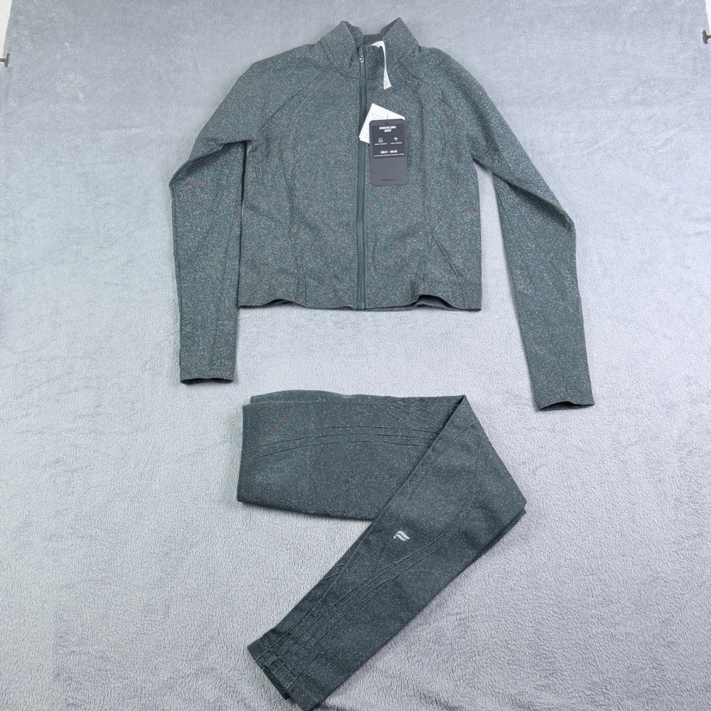 Fabletics Seamless Lurex Jacket Leggings Set Womens Size M Shimmer Green NEW NWT